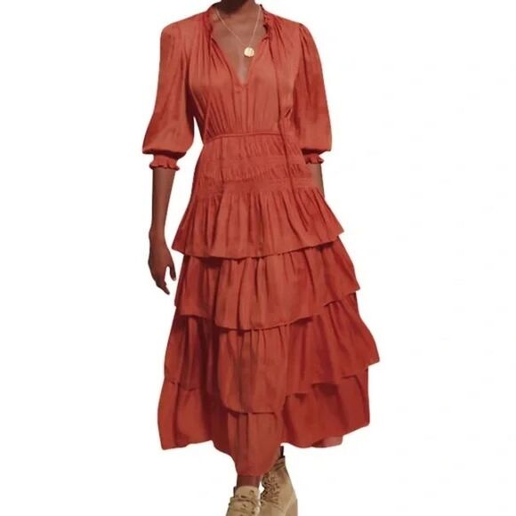 Maje Ruffle Midi dress Rust color size‎ 6 NWOT - Picture 2 of 10